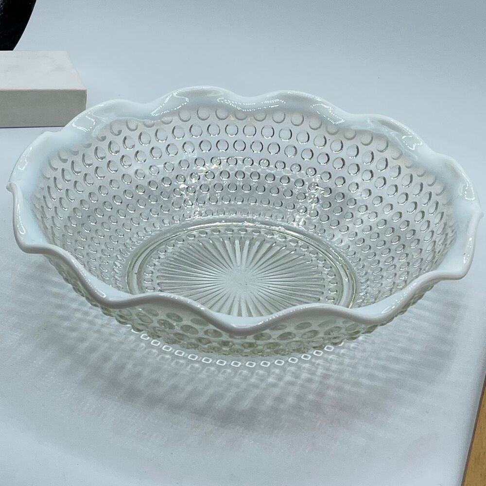 Vintage 1940’s Fenton White French Opalescent Ruffled hobnail 9” bowl.